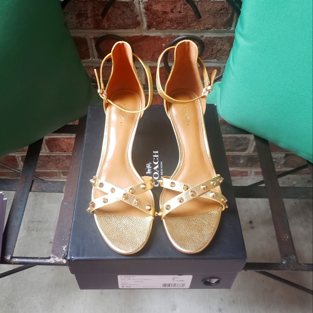 COACH Soft Metallic Gold Leather Studded Sandal Heels
